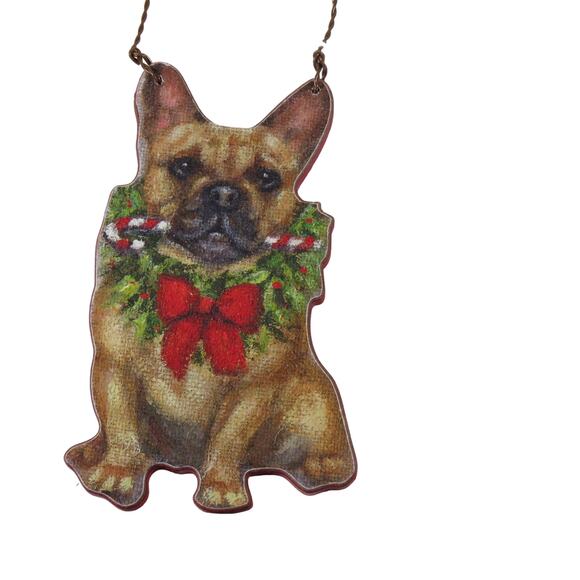 French Bulldog Christmas Tree Ornament Décor 4.5 " Tall Wreath,  Candy Cane - Picture 8 of 14